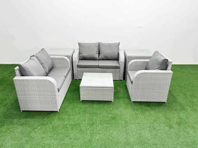 Image of Fimous High Back Poly Rattan Garden Furniture Set with Reclining Chair Loveseat Sofa Square Coffee Table Indoor Outdoor Patio Set 2 Side Table Light