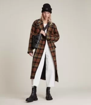 Image of AllSaints Womens Bree Check Wool Blend Coat, Brown/Black, Size: 14