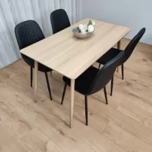 Image of Rectangle Oak Effect Kitchen Dining Table With 4 Black Faux Leather Padded Chairs Dining Set