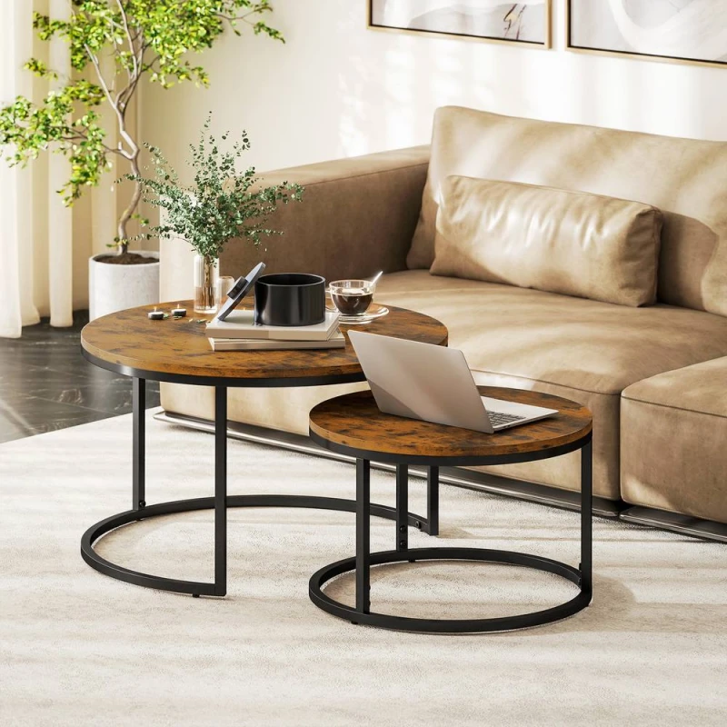Image of HOMCOM 2 Pcs Stacking Coffee Table Set with Steel Frame, Rustic Brown, Brown 833-873V80RB