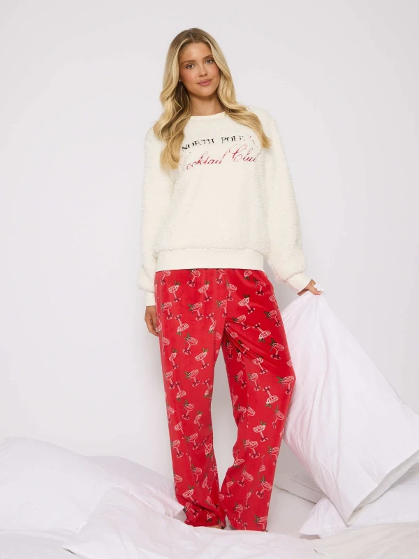 Image of Loungeable Womens Cocktail Club Borg Sweater & Velour Trouser Lounge Set in White Size: XL White Female XL