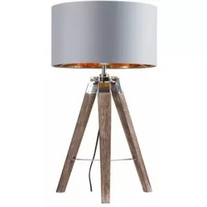 image of Minisun - Chrome & Wood Tripod Table Lamp With Large Drum Shade - Grey & Gold