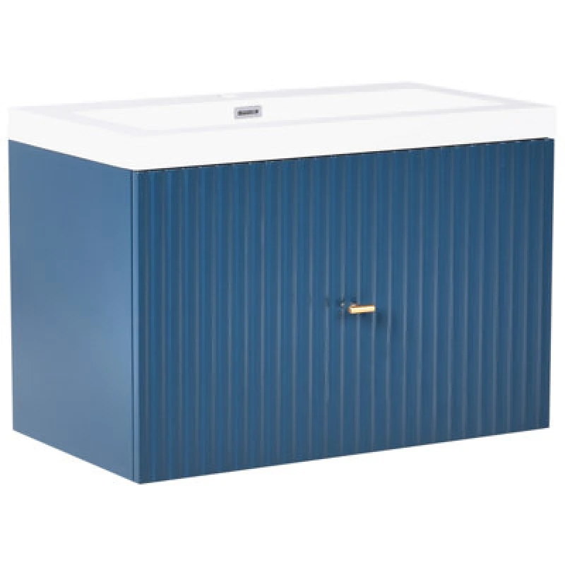 Image of Beliani Wall Mounted Vanity Unit With Basin Lago With Gold Handle 80 Cm Dark Blue