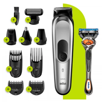 image of All in One Trimmer with 8 attachments and Gillette Razor - Black/Silver Grey