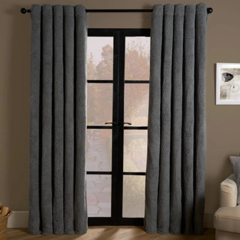 Image of OHS OHS Teddy Fleece Eyelet Curtains Thermal Pair Ready Made Soft Thick Fabric Ring Top in Grey Size: 229cm width x 229cm drop Grey 229cm width x 22