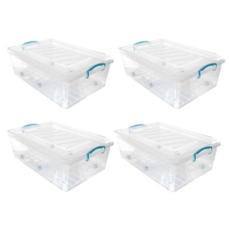 Image of JVL Plastic Clip Lidded Underbed Storage Box with Wheels, Stackable & Nestable, Clear, Set of 4, 30L, Clear 13-549-4