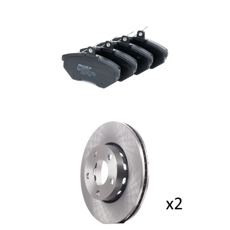 Image of RIDEX 3405B3001 Brake disc and pads set Front Axle, Brake Disc Type: internally vented, not prepared for wear warning indicator Brake Set,disc brakes