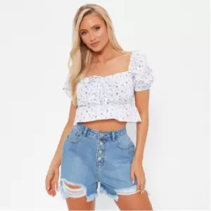 Image of I Saw It First Distressed Hem Button Fly Denim Shorts - Blue