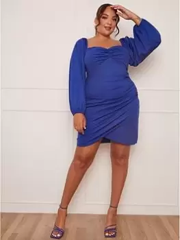 Image of Chi Chi London Curve Long Sleeve Bodycon Mini Dress - Blue Size 20, Women