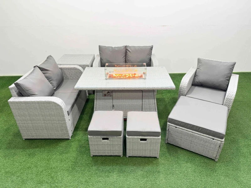 Image of Fimous High Back Poly Rattan Garden Furniture Set with Reclining Chair Loveseat Sofa Firepit Dining Table Indoor Outdoor Patio Set 3 Stools Side Tabl