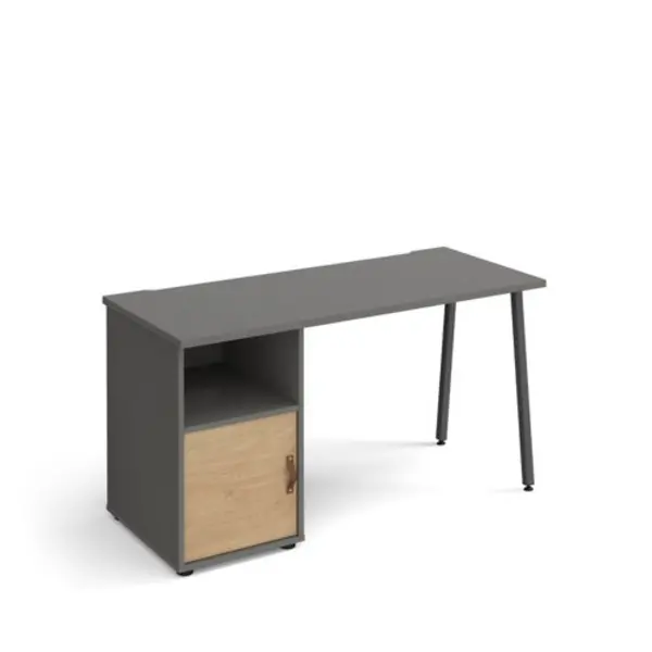 image of Sparta straight desk 1400mm x 600mm with A-frame leg and support pedestal with cupboard door - charcoal frame, grey finish with oak door