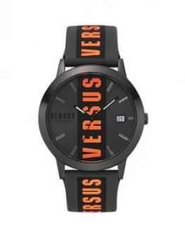 image of Versus Versace Grey Sunray And Orange Detail Dial Black And Orange Logo Leather Strap Watch