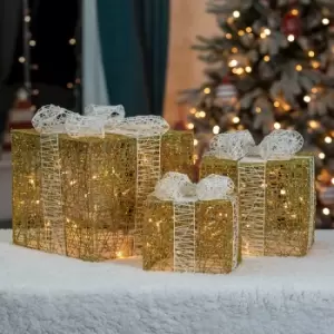 Image of The Christmas Workshop Set of 3 Light-Up Christmas Boxes Indoor Christmas Decorations LED Lights Battery Operated (Gold and White, 65 LED's)
