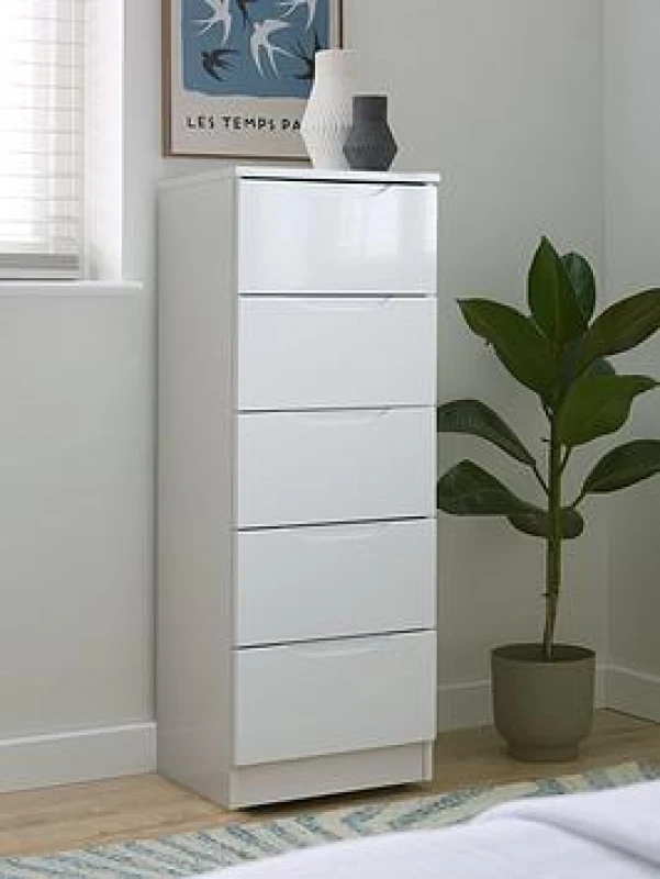 Image of One Call Furniture Antibes 5 Drawer Tallboy Chest Ready Assembled Gloss White LEWBT