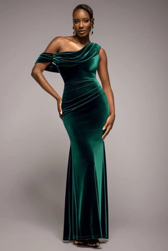 Image of Goddiva Womens Cowl One Shoulder Velvet Maxi Dress in Emerald Size: 14 Emerald Female 14