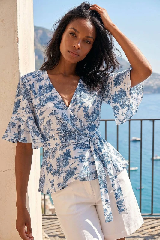 Image of Roman Womens Floral Frill Wrap Top in Blue Size: 20 Blue Female 20