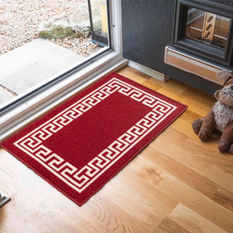 Image of Machine Washable Greek Key Design Anti Slip Doormats Red White 40X60 Cm