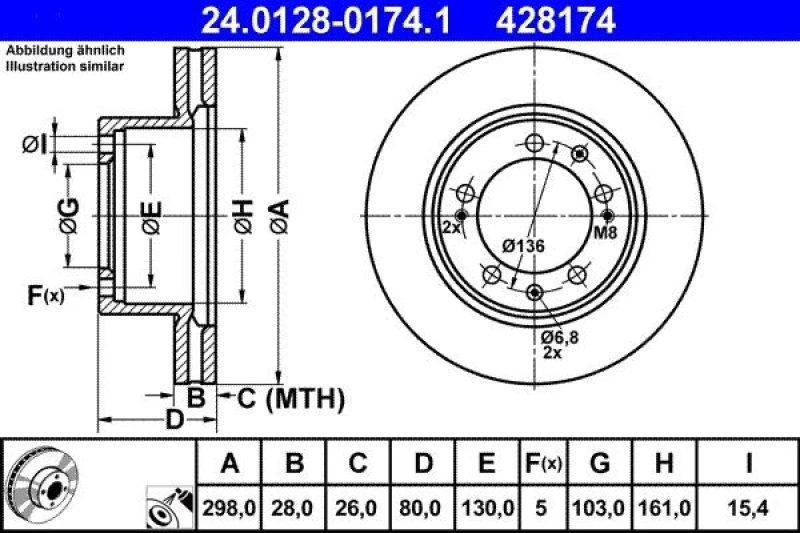 Image of ATE 24.0128-0174.1 Brake disc Vented, Coated, Alloyed/High-carbon Brake Disc (82)