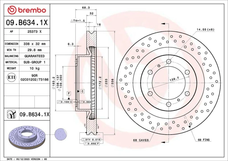 Image of BREMBO Brake disc BREMBO 09.B634.1X