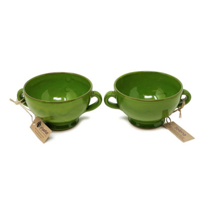 Image of Verano Spanish Ceramics Selena Glazed Hand Dipped Kitchen Dining Set Of 2 Soup Bowls Dark Green (H) 9.5Cm X (W) 14Cm