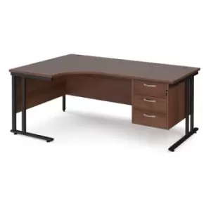 image of Office Desk Left Hand Corner Desk 1800mm With Pedestal Walnut Top With Black Frame 1200mm Depth Maestro 25 MC18ELP3KW