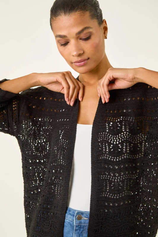 Image of Roman Womens 3/4 Sleeve Stitch Detail Cardigan in Black Size: 10 Black Female 10
