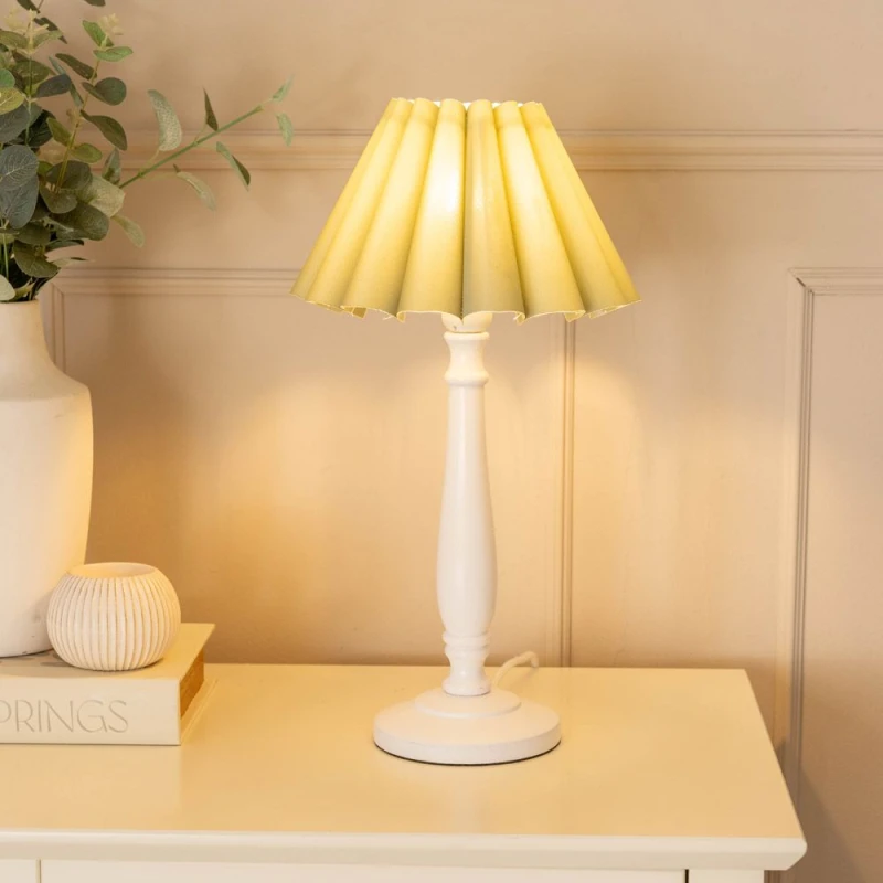 Image of ValueLights Victoria White Wood Candlestick Stem Table Lamp with Scallop Tapered Lamp Shade Pale Green
