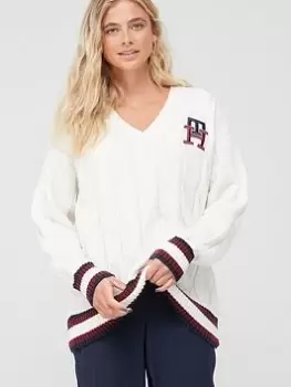 Image of Tommy Hilfiger Monogram Cable V-Neck Sweater - Cream Size M Women