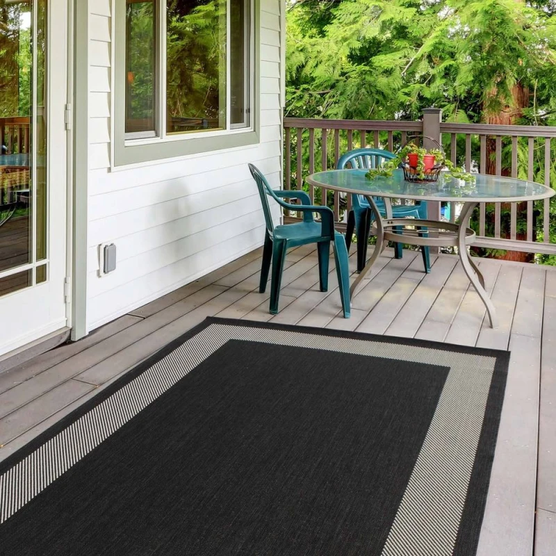 Image of THE RUGS Outdoor Indoor Black Bordered Rug Weatherproof Jet Washable Size: 240cm x 340cm Black Unisex 240cm x 340 cm