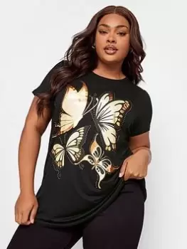 Image of Yours Embellished And Foil Glitter Printed T-Shirt, Black, Size 18, Women
