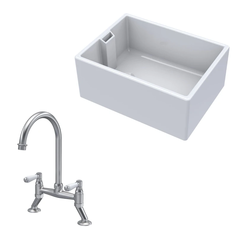 Image of Balterley Fireclay 1 Bowl Belfast Sink Mixer Tap Brushed Nickel 615mm White