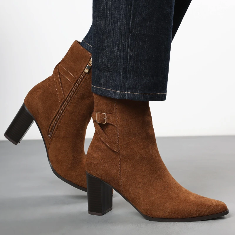 Image of Wheres That From Wheres Block Heel Boot with Buckle Detail Cognac LY Suede female 5 (38)