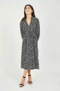 image of Black Ditsy Print Long Sleeve Shirt Midi Dress