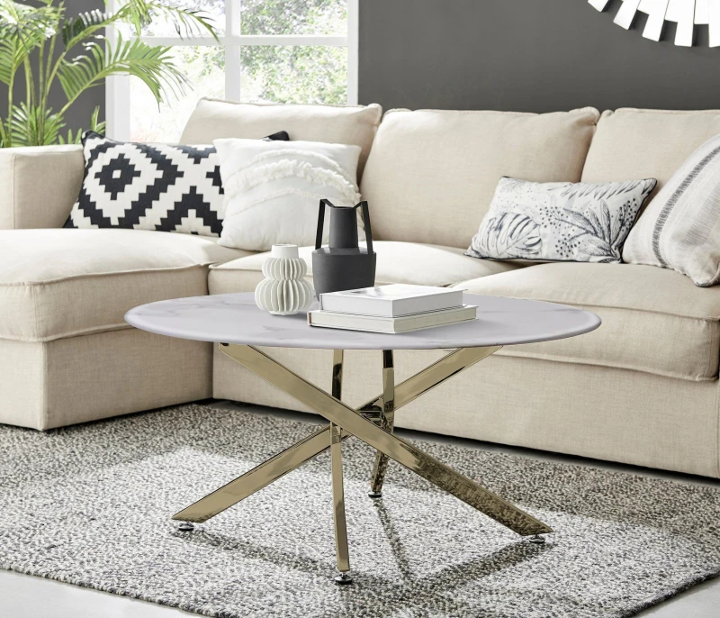 Image of FurnitureboxUK FurnitureboxUK Novara Round Marble Effect Glass Top Coffee Table With Gold Metal Starburst Legs in White White One Size Unisex 50565426