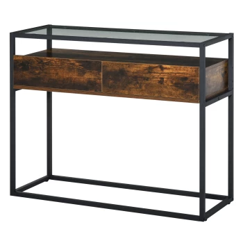 image of HOMCOM Entryway Console Table Desk with Drawers, Toughened Glass Shelf, 3D Wood Grain AOSOM UK