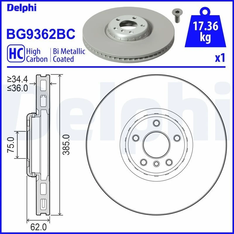 Image of DELPHI Brake disc DELPHI BG9362BC