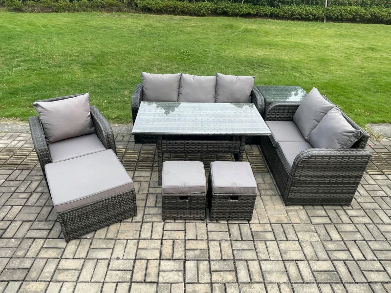 Image of Fimous 8 Piece Rattan Garden Furniture Set with Patio Sofa Rectangular Dining Table Side Table 3 Small Footstools Indoor Conservatory Patio Set Dark G