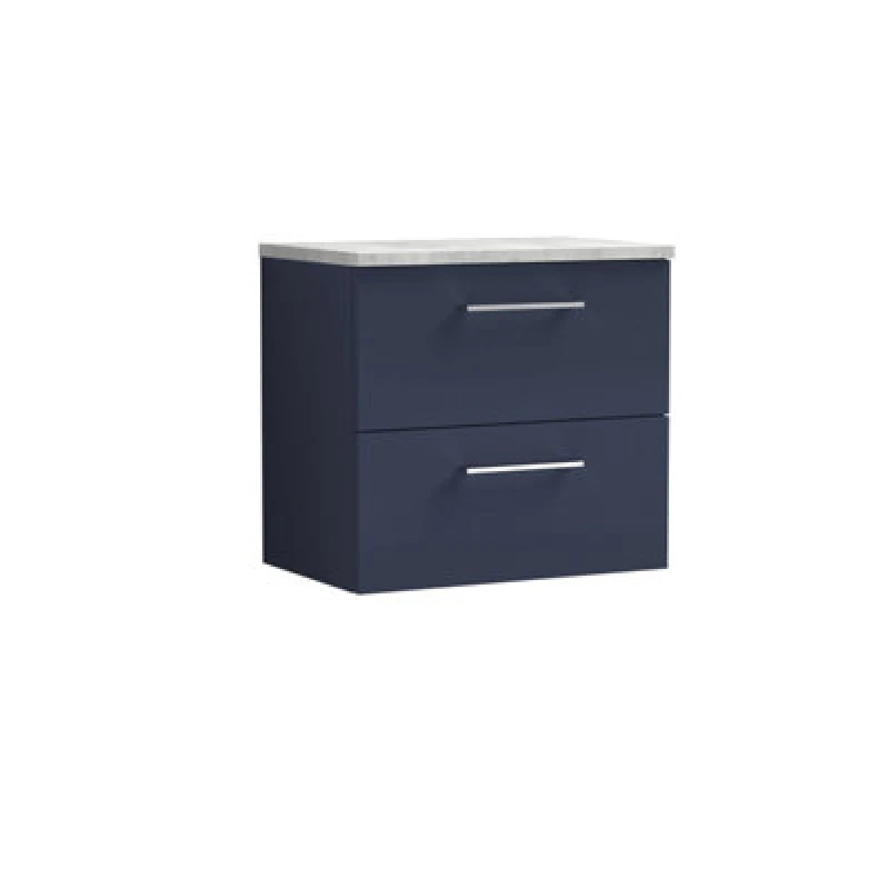 Image of Nuie Arno Wall Hung 2-Drawer Vanity & Bellato Grey Laminate Worktop, Stylish Counter Top Vanity Unit In Midnight Blue, 600mm