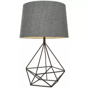 Image of Geometric Frame Table Lamp Aged Copper & Grey Fabric Shade Bedside Feature Light
