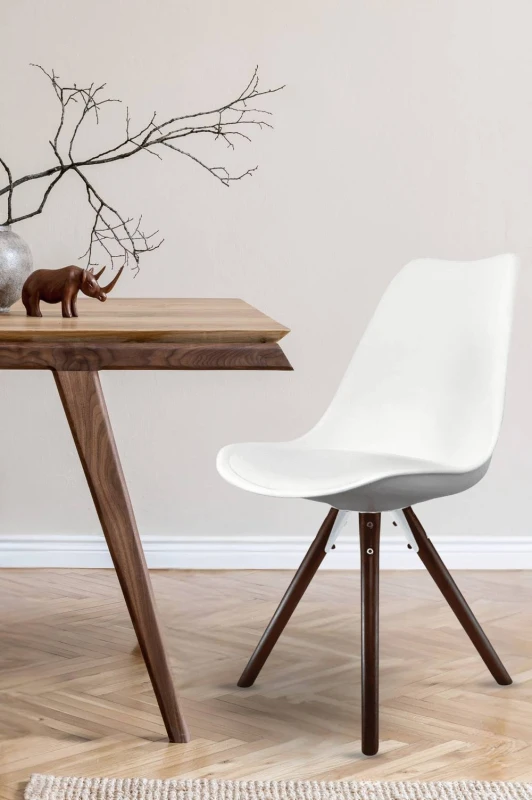 Image of Fusion Living Soho Plastic Dining Chair with Pyramid Dark Wood Legs White