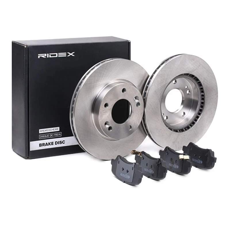 Image of RIDEX 3405B1421 Brake disc and pads set Front Axle, Brake Disc Type: internally vented, with acoustic wear warning Brake Set,disc brakes (3405)