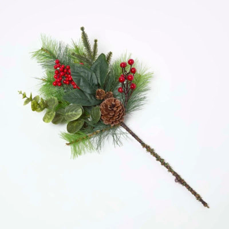 Image of Homescapes Artificial Green Handcrafted Winter Woodland & Eucalyptus Single Stem, 25 X 40 Cm