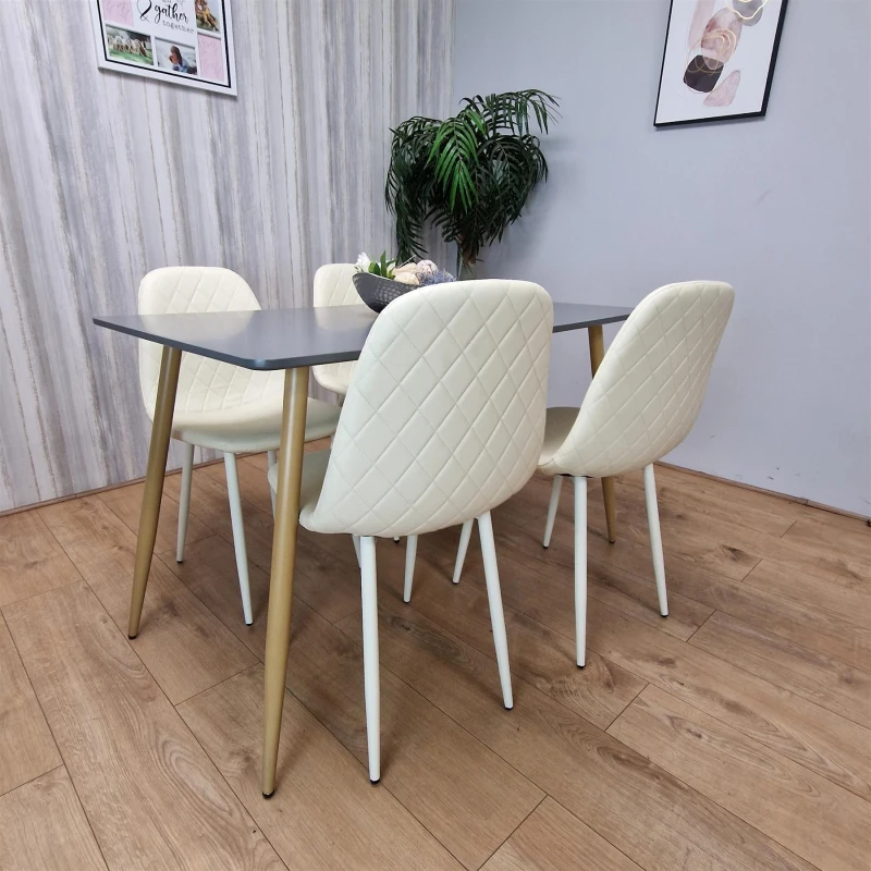 Image of KOSY KOALA KOSY KOALA Wooden Rectangle Grey Dining Table with 4 Cream Gem Patterned Chairs Grey One Size Unisex 5061055340140