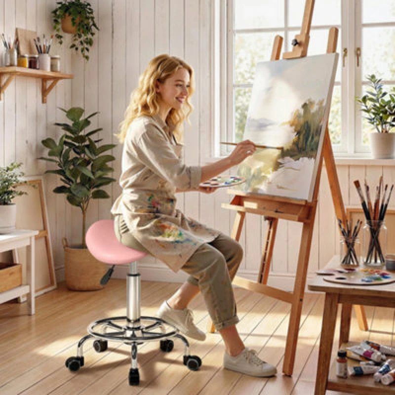 Image of Homcom Saddle Chair, Rolling Salon Stool For Massage Spa, Pink