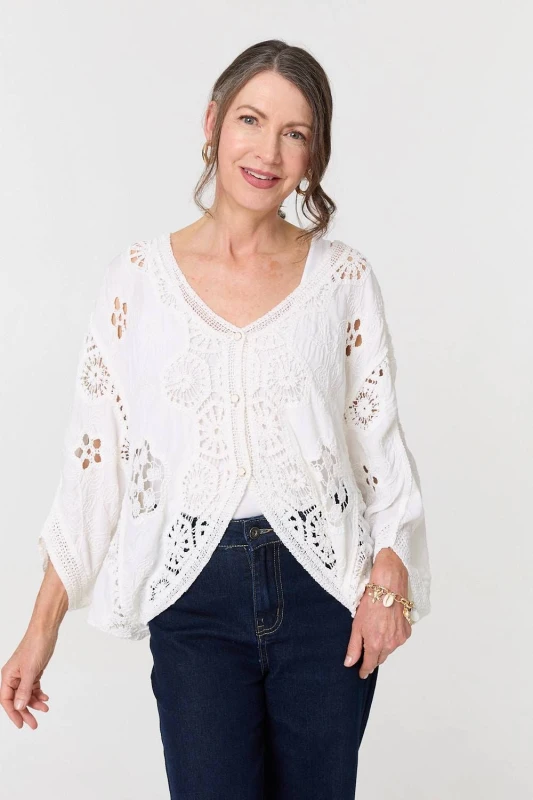 Image of Izabel London Womens Crochet Texture 3/4 Sleeve Cardigan in White Size: S/M White Female S/M