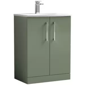 image of Nuie Arno Satin Green 600mm 2 Door Vanity Unit with 30mm Profile Curved Basin - ARN803G - Satin Green