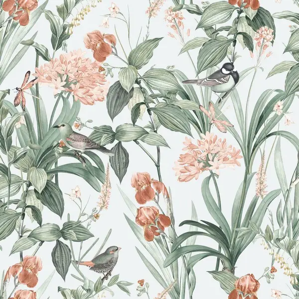 Image of UGEPA Ugepa - Botanical Flowers Birds Green Wallpaper Textured Paste The Wall Vinyl WL-M64704
