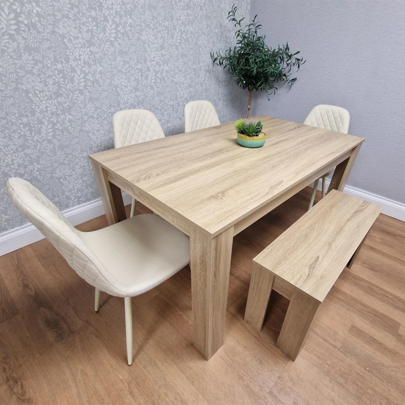 Image of KOSY KOALA Wooden Dining Table Set for 6 Oak Effect Table With 4 Cream Gem Patterned Chairs and 1 Bench Beige
