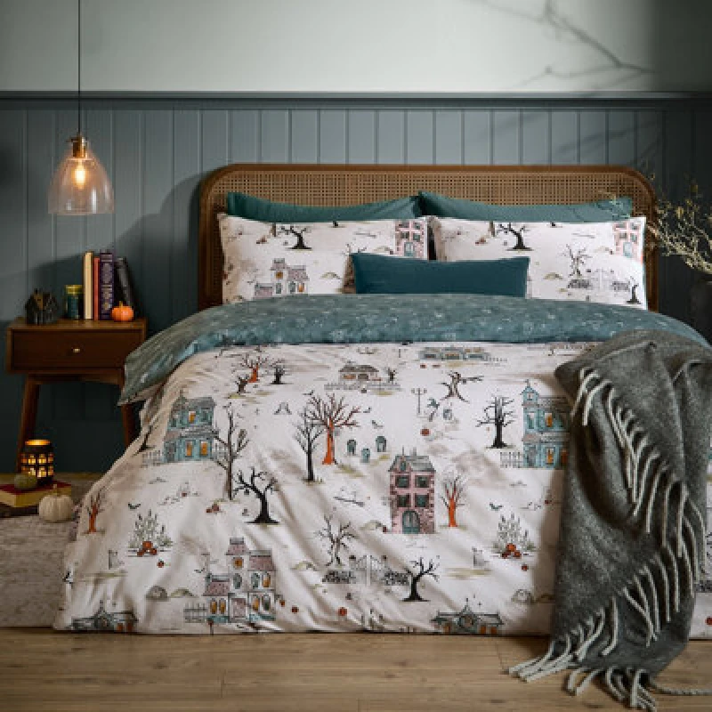 Image of furn. Furn Ghost Town Reversible Halloween Duvet Cover Set, Dusk, Double