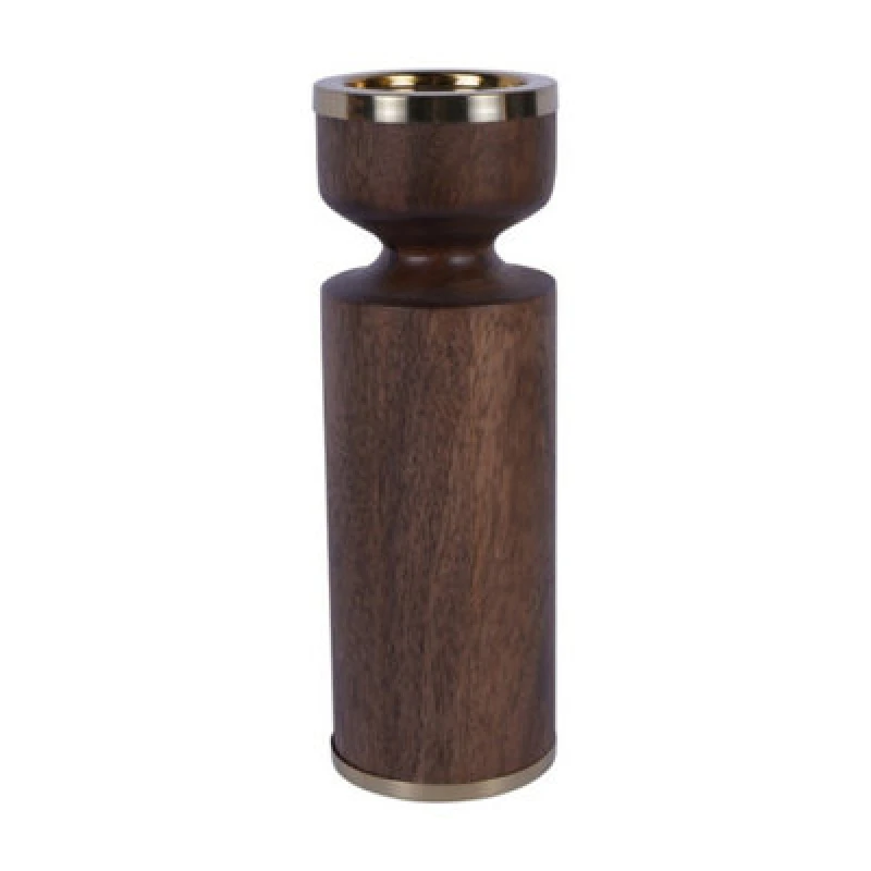 Image of Buttercup Farm Amalfi Wooden Pillar Holder - Stainless Steel/mango Wood - L10.5 X W10.5 X H31cm - Gold/brown